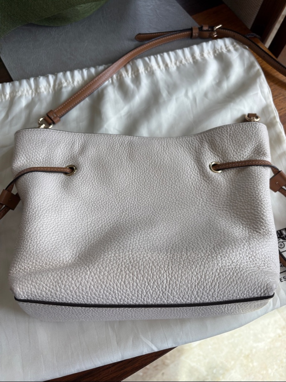 Coach White Pebbled Leather Tote with Tan Trim and Tassels - Picture 7 of 7
